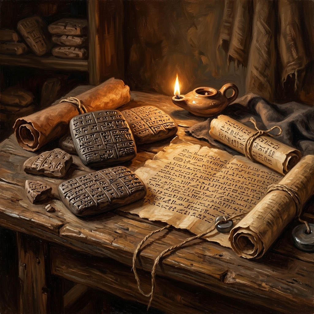 Cuneiform clay tablets and papyrus scrolls on a wooden table under candlelight